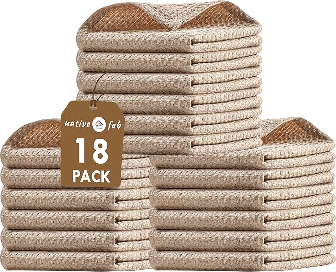 Native Fab 18 Pack Waffle Dish Cloths - 100% Cotton, 12" x 12", Absorbent, Quick Drying, Washable Towels for Cleaning, Cooking, Baking - Great for Home, Restaurants, Bars, Versatile Use - Beige