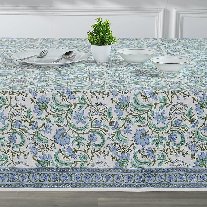 Ridhi Columbia Blue Hand Block Print Cotton Rectangle Tablecloth 140 x 72 inches Reusable Table Cover Decorative Everyday Use for Dining Room, Farmhouse, Home, Party, Festive & Wedding, Fall