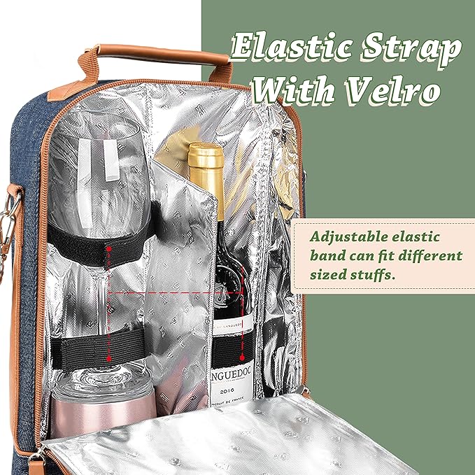 Tirrinia Insulated 2 Bottle Wine Gift Tote Bag - Tumbler Glass Cooler Carrier for BYOB Restaurants, Tasting, Travel, Park, Beach - Great Wine Lover Gift, Denim Stripe