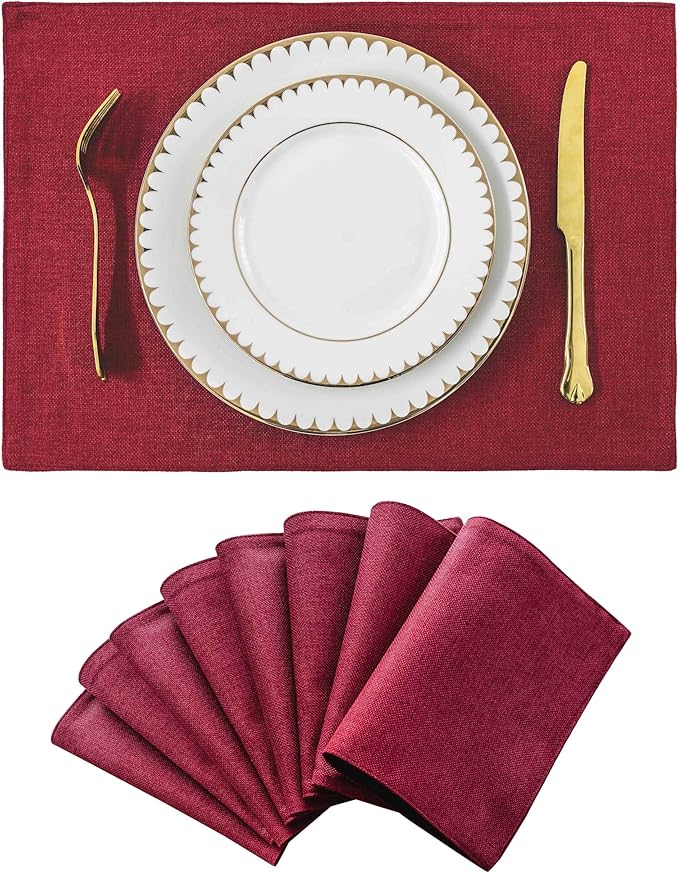 Home Brilliant Cloth Placemats Set of 8 Red Linen Placemats for Christmas Dinner Heat Resistant Dining Table Mats Kitchen Place Mats, Dark Red Burgundy