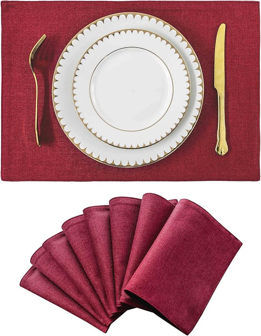 Home Brilliant Cloth Placemats Set of 8 Red Linen Placemats for Christmas Dinner Heat Resistant Dining Table Mats Kitchen Place Mats, Dark Red Burgundy