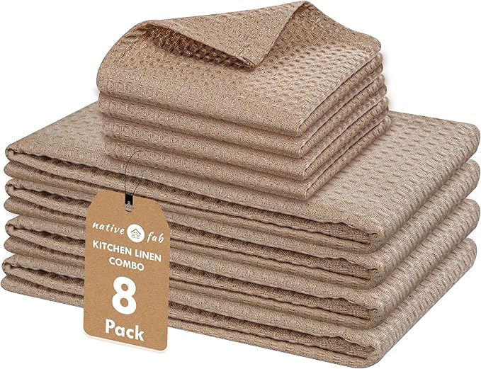 Native Fab 8 Piece Kitchen Towels & Dish Cloth Set - Absorbent, Durable, Quick Drying Towel for Cleaning, Cooking, Baking - Ideal for Home, Cafes & Daily Use, Machine Washable & Reusable - Beige