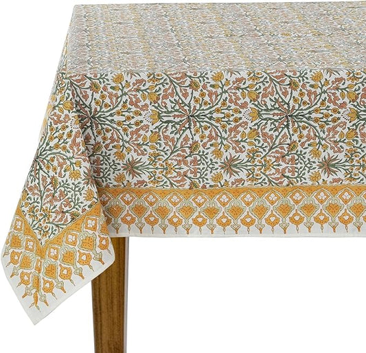 Ridhi Goldenrod Yellow Hand Block Print Cotton Rectangle Tablecloth 102 x 48 inches Reusable Table Cover Decorative Everyday Use for Dining Room, Farmhouse, Home, Party, Festive & Wedding, Fall