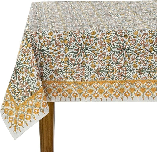 Ridhi Goldenrod Yellow Hand Block Print Cotton Rectangle Tablecloth 190 x 72 inches Reusable Table Cover Decorative Everyday Use for Dining Room, Farmhouse, Home, Party, Festive & Wedding, Fall