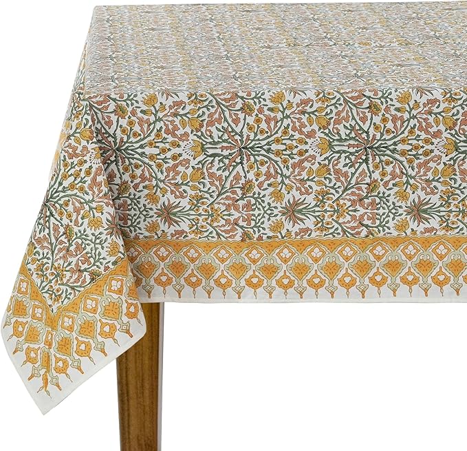 Ridhi - Hand Block Print Cotton Cloth Dinning Table Cover Wedding Farmhouse Thanks Giving Christmas Spring Tablecloth (Goldenrod Yellow, 14 Seater 72X160 INCH)
