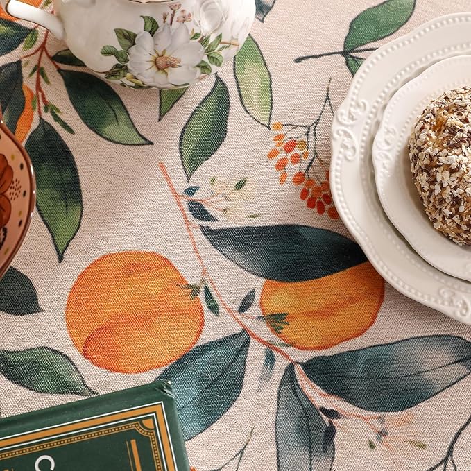 patdrea Designer Orange Tablecloth for Rectangle Tables,Framhouse Linen Oranges and Leaves Tree Pattern Linen Tablecloth,Fall Fruits Table Cover Cloth Decor for Kitchen Dining Christmas,55"*71"