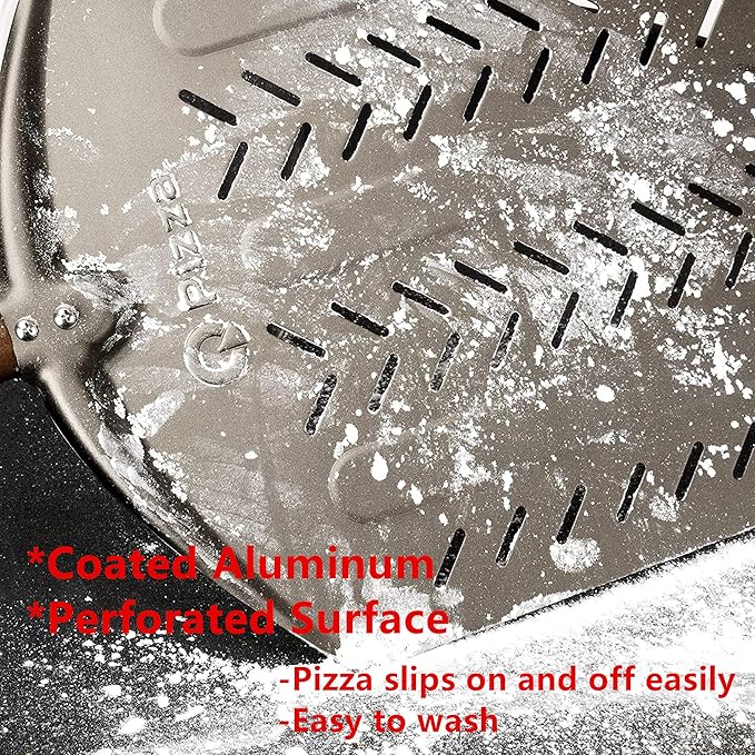 Q Pizza Perforated Pizza Peel 14" with Detachable Long Handle for Grill Oven, Large Pizza spatula Turning Paddle, Oven Accessory for Baking Bread Pastry Dough Pie Cake, Aluminium