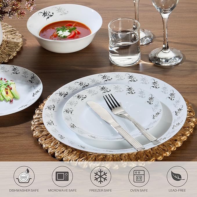 Cello Regal Dinnerware Set of 18 pieces, Service for 6, Chip & Scratch Resistant, Lightweight Round Plates and Bowls Set, Microwave & Dishwasher safe, Opalware Dinner Set, Black Magic