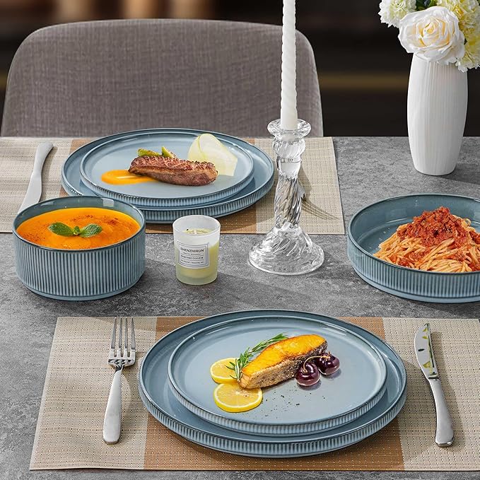 LIANYU Dinnerware Stoneware Sets with Pasta Bowls, 16 Piece Plates and Bowls Set for 4, Ribbed Dishes Set for Home, Microwave and Dishwasher Safe, Slate Blue