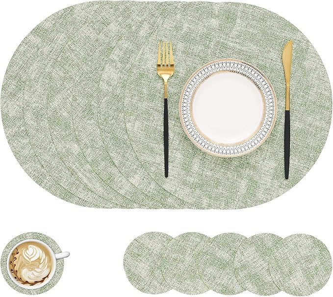 homing Round Faux Leather Placemat and Coaster 6 Packs, Washable Heat Resistant Dining Place Mats, Wipeable Double-Sided Table Mats for Indoor and Outdoor, Diameter 13 and 3.93 inch, Light Green