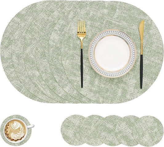 homing Round Faux Leather Placemat and Coaster 6 Packs, Washable Heat Resistant Dining Place Mats, Wipeable Double-Sided Table Mats for Indoor and Outdoor, Diameter 13 and 3.93 inch, Light Green