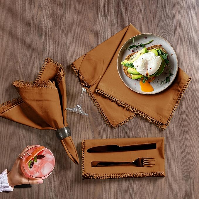 Bedding Craft Cotton Cloth Dinner Napkins Set of 12 – 18x18 Desert Sun with Decorative Lace Selvedge – Durable Machine Washable Fabric Napkins for Weddings, Baby Showers, Parties & Dining