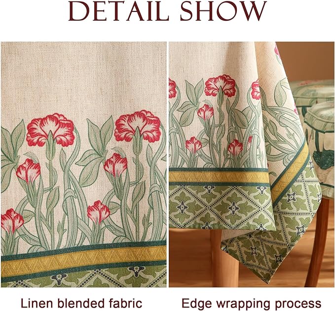 patdrea Designer Vintage Linen Long Rectangle Table Cloth,Floral Leaves Pattern Anti-Wrinkle Green Tablecloth,Decor Table Cover for Kitchen Dining Christmas,Party,Thanksgiving,55"x79"-Cecilia D