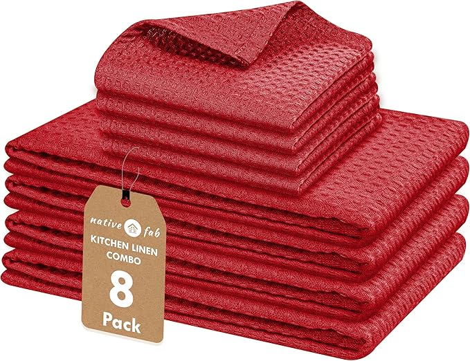 Native Fab 8 Piece Kitchen Towel & Dish Cloth Set - 100% Cotton, Soft, Absorbent, Quick Drying & Durable Cloths for Cleaning, Cooking - Machine Washable, Perfect for Home, Bars & Everyday Use - Red