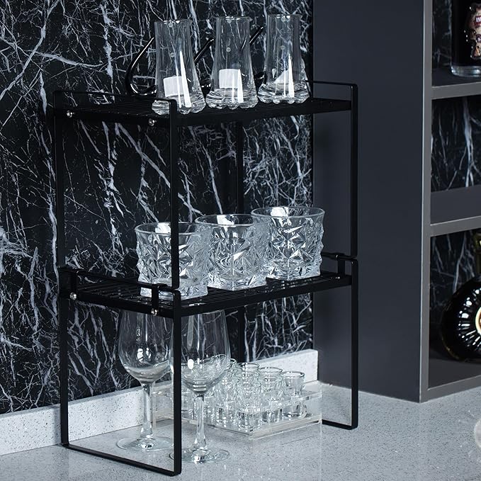 2Pack Kitchen Cabinet Shelf Counter Organizer Rack Pantry Storage Bathroom Bedroom Office Table Desk Space Saving Stackable Rust Resistant Non Slip Black Tall Wide L13.1in W10.6in H9.5in