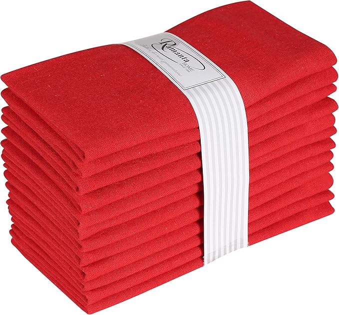 Ramanta Home Red Cotton Dinner Napkins Set of 12 | 100% Cotton 18x18 Inch Cloth Napkins | Reusable Fabric Table Napkins for Everyday Use, Parties, Weddings, Thanksgiving, Christmas, Halloween