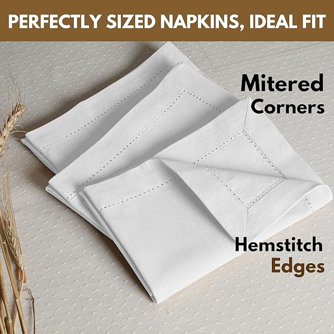 Native Fab Set of 4 Cotton Cloth Napkins, 18x18 inch, Hemstitch Mitered Corners, Soft, Absorbent, Durable Fabric, Premium Linen Napkins for Wedding, Lunch, Dinner, and Everyday Use - White
