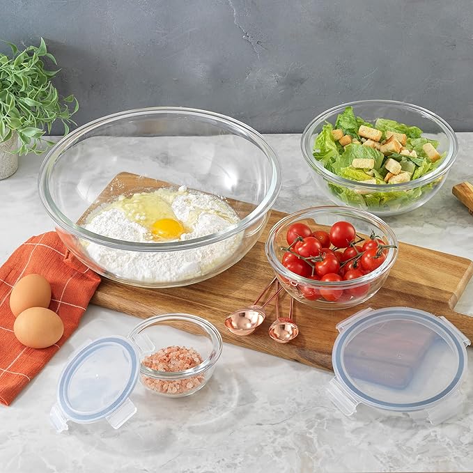 JoyJolt Kitchen Mixing Bowls. 5pc Glass Bowls with Lids Set – Neat Nesting Bowls. Large Mixing Bowl Set incl Batter Bowl, Cooking Bowls, Storage Bowls with Lids and Big Salad Bowl with BPA-Free Lids