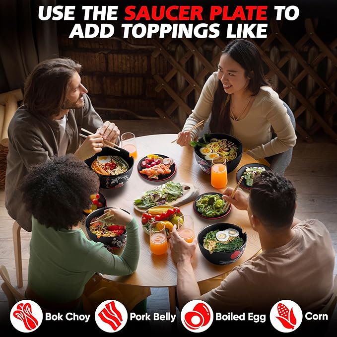 Japanese Ramen Bowl Set of 4-20 Pcs, 32 Oz Ceramic Microwaveable & Dishwasher Safe Large Noodle Bowls with Lid & Built-In Chopstick Holder, Pho, Udon, Thai, Korean, Rice - 6.5 Inch