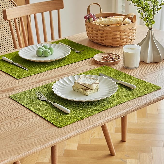 Softalker Faux Linen Placemats Set of 6-12 x 18 Inch, Heat Resistant Double Layered Durable Burlap Farmhouse Place Mats, Non-Slip Washable Rustic Table Mats for Dining, Kitchen, Party（Lime Green