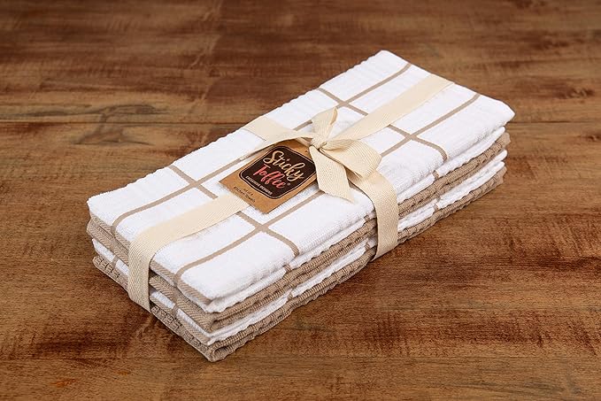 Sticky Toffee Cotton Kitchen Towels Set of 4 – 28x16 in Tan and White Hand Towels, Reusable and Absorbent Tea Towels for Drying or Cleaning, Oeko-Tex Cotton