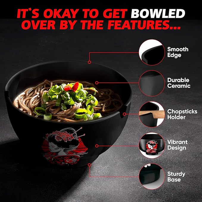Japanese Ramen Bowl Set of 4-20 Pcs, 32 Oz Ceramic Microwaveable & Dishwasher Safe Large Noodle Bowls with Lid & Built-In Chopstick Holder, Pho, Udon, Thai, Korean, Rice - 6.5 Inch