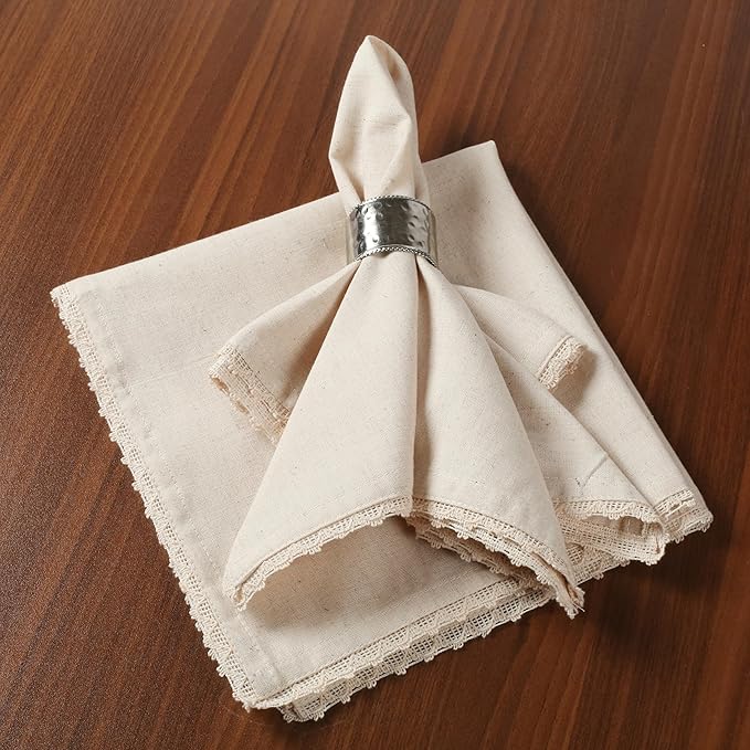 Natural Color Blend Cotton Linen Napkins Set of 12 - with Lace 18x18 Inch Decorative Elegant Washable Reusable Flax Dinner Napkin for Dining Table Décor Wedding Party Christmas New Year & Everyday Use
