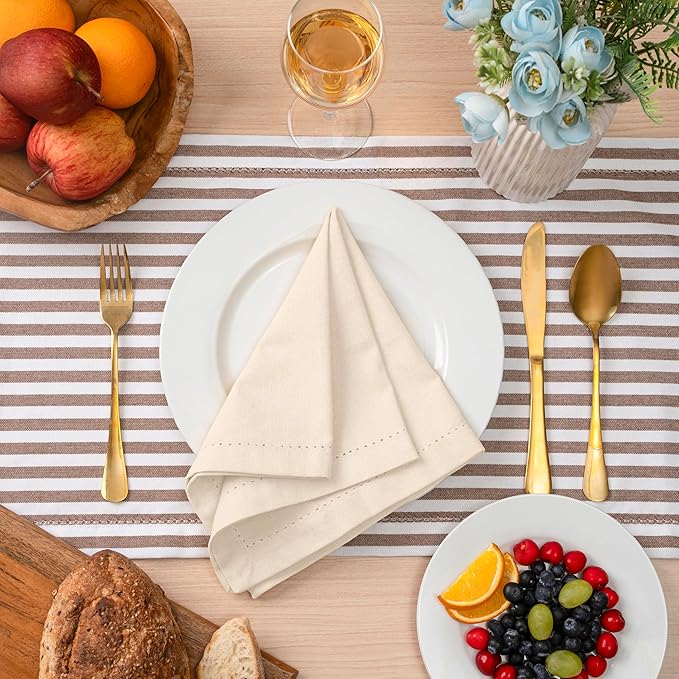 Blue Needles Set of 12 Hemstitch Linen Napkins 100% Cotton Cream Cloth Dinner Napkins 18x18 inches, Soft, Reusable, Absorbent, Washable, Ideal for Fall Thanksgiving Events, Parties & Everyday Use
