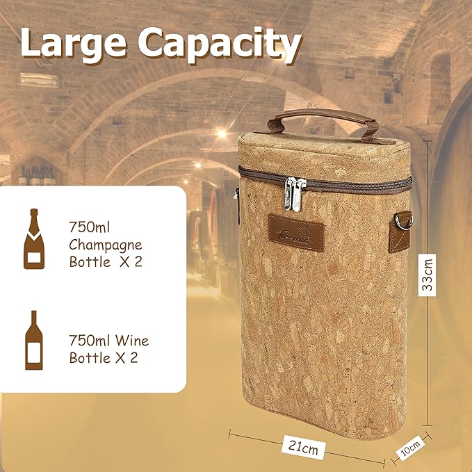 Tirrinia 2 Bottle Wine Gift Tote Carrier - Leakproof & Insulated Padded Versatile Wine Cooler Bag for Travel, BYOB Restaurant, Wine Tasting, Party, Dinner,Gift for Wine Lovers, Cork