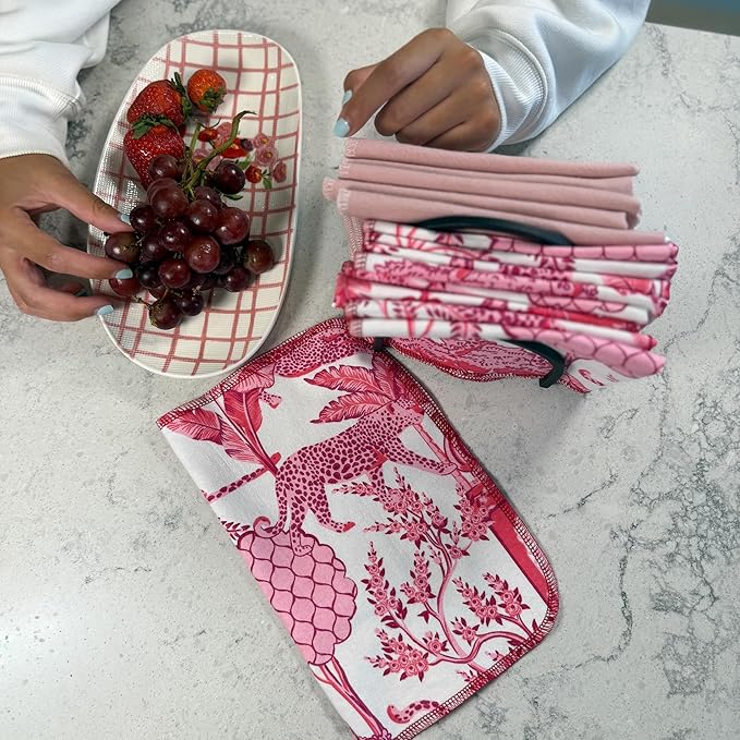 Reusable Paper Towels - 10 Pack - Roll of Washable Cotton Cloth Paper Towels - Paperless Reusable Napkins Cloth Washable - Absorbent + Long Lasting - Zero Waste Products - (Rosé Safari)