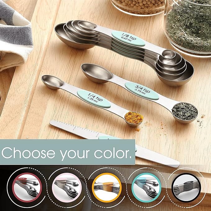 Spring Chef Stainless Steel Magnetic Measuring Spoons Set of 8 with Leveler, Nesting Metal Teaspoon & Tablespoon Measuring Spoons, Kitchen Gadgets for Baking & Cooking, Fits in Spice Jars - Mint