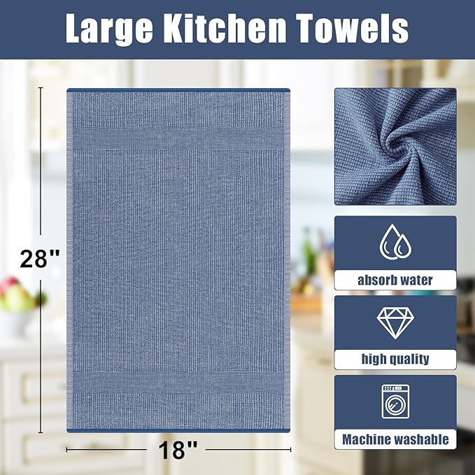 Homaxy Premium Kitchen Towels(18”x 28”, 12 Pack), Large Cotton Kitchen Hand Towels, Flat and Terry Dish Towels, 380 GSM Highly Absorbent Tea Towel Set with Hanging Loop, Navy Blue
