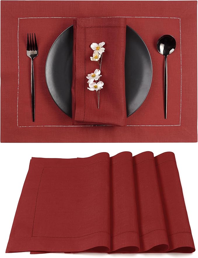 D'Moksha Homes Red Linen Placemats Set of 4 - Classic Hemstitch Placemats 14 x 19 Inch - 100% Pure Linen Table Mats for Fall, Thanksgiving, Christmas, Holiday - Handcrafted and Machine Washable
