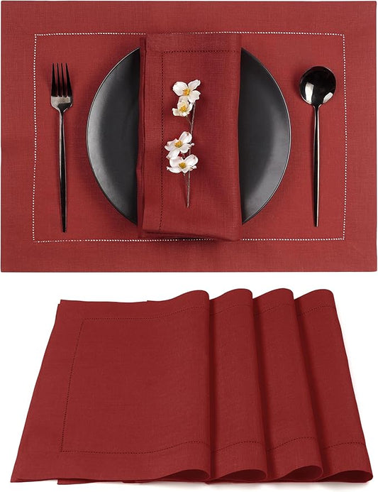 D'Moksha Homes Red Linen Placemats Set of 4 - Classic Hemstitch Placemats 14 x 19 Inch - 100% Pure Linen Table Mats for Fall, Thanksgiving, Christmas, Holiday - Handcrafted and Machine Washable