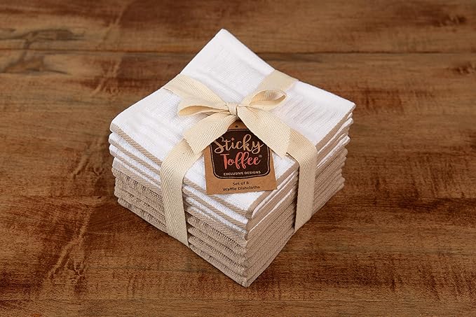 Sticky Toffee Cotton Dishcloths Set of 8 – 12x12 in Tan and White Dish Towels, Reusable and Absorbent Tea Towels for Cleaning or Drying, Oeko-Tex Cotton