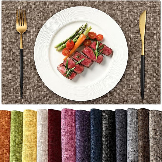 KXN Placemats Set of 6, Dual-Layer Thickened Faux Linen Table Mats, Heat Resistant & Wrinkle-Free, Machine Washable Cloth Place Mats for Kitchen Dining Indoor Outdoor (Burlap)