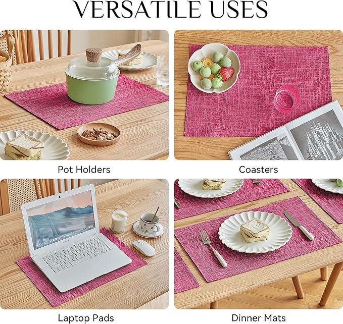 Softalker Faux Linen Placemats Set of 4-12 x 18 Inch, Heat Resistant Double Layered Durable Burlap Farmhouse Place Mats, Non-Slip Washable Rustic Table Mats for Dining, Kitchen, Party（Pink