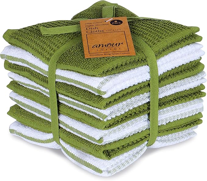 AMOUR INFINI Dish Cloths for Washing Dishes Set of 8 - Highly Absorbent, Super Soft Kitchen Dishcloths - Reusable Quick Dry Dish Rags for Cleaning & Drying Kitchen Linens (12x12 Inch - Green)