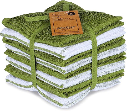 AMOUR INFINI Dish Cloths for Washing Dishes Set of 8 - Highly Absorbent, Super Soft Kitchen Dishcloths - Reusable Quick Dry Dish Rags for Cleaning & Drying Kitchen Linens (12x12 Inch - Green)