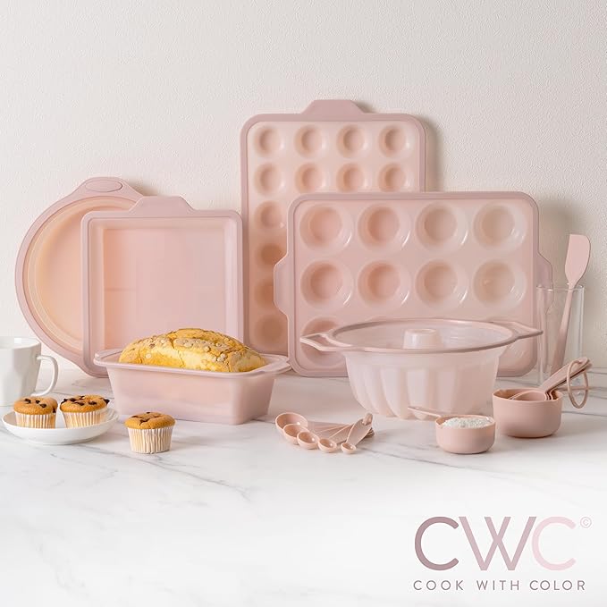COOK WITH COLOR 17 Pc. Silicone Baking Pan Set - Non-Stick & Easy Clean Silicone Muffin Pans for Baking with Sturdy Metal Frame for Stability, Flexible Cake Molds, Includes Measuring Cups and Spoons