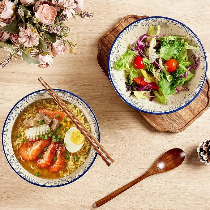 2 x 40 OZ ceramic ramen bowls, 8 IN large Japanese noodle soup bowl, match chopsticks and spoons, suitable for Pho, Udon Asian noodles (Japanese fish 2 set)