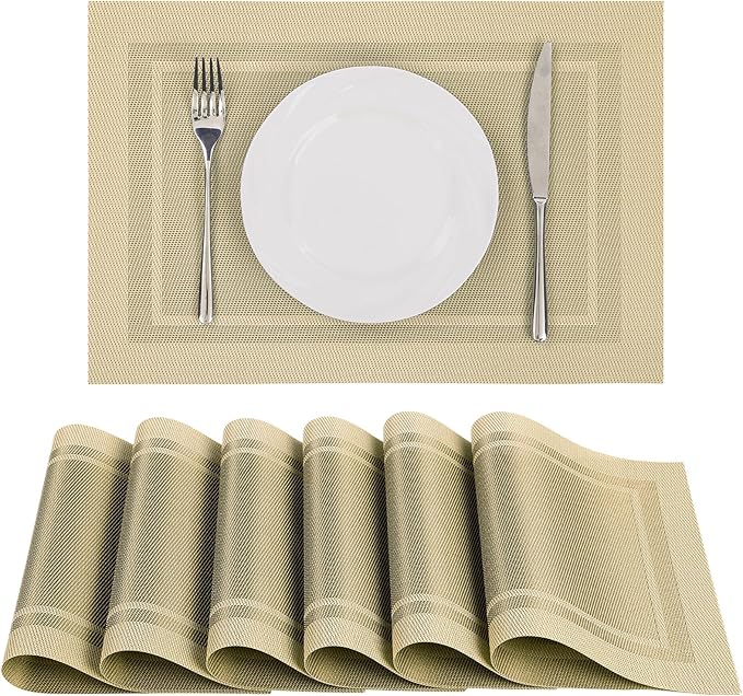 SHACOS Woven Vinyl Placemats Set of 6 Wipe Clean Place Mats for Dining Table Heat Resistant PVC Weave Table Mats Indoor Outdoor (6, Frame Beige)