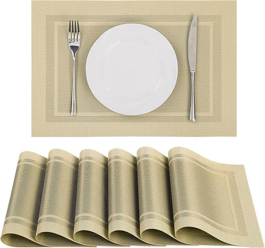 SHACOS Woven Vinyl Placemats Set of 6 Wipe Clean Place Mats for Dining Table Heat Resistant PVC Weave Table Mats Indoor Outdoor (6, Frame Beige)