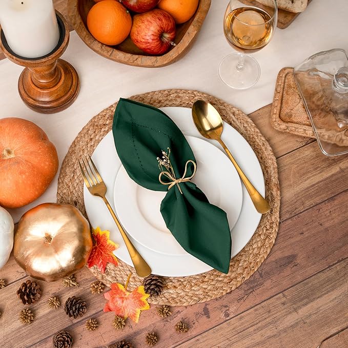 Blue Needles Set of 6 Hemstitch Linen Napkins 100% Cotton Forest Green Cloth Dinner Napkins 18x18 inches, Soft, Reusable, Absorbent, Washable, Ideal for Fall Thanksgiving Events Parties & Everyday Use