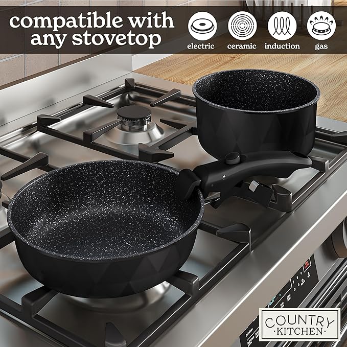 Country Kitchen Cookware Set with Removable Handle, Oven & RV Safe Pots and Pans Set, Black Diamond, Original