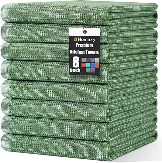 Homaxy Premium Kitchen Towels(18”x 28”, 8 Pack), Large Cotton Kitchen Hand Towels, Flat and Terry Dish Towels, 380 GSM Highly Absorbent Tea Towel Set with Hanging Loop, Grass Green