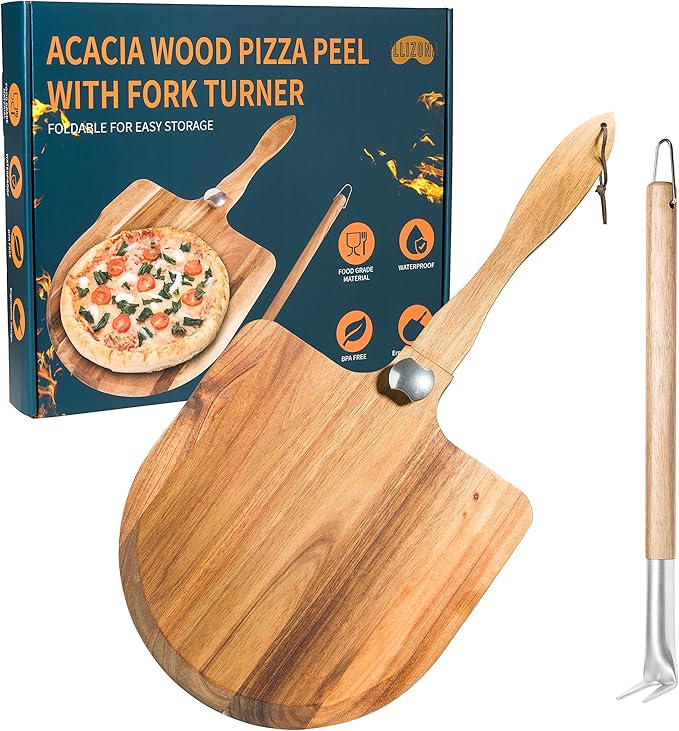 Acacia Wood Pizza Peel & Spinner Fork Set – Folding Handle Paddle, Pizza Oven Accessories for Homemade Pizza Making