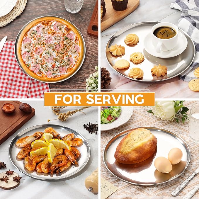 P&P CHEF 10 Inch Pizza Pan, Stainless Steel Round Pizza Tray Baking Pans, Pizzas Plate Serving Tray for Cookie Meat, Oven & Dishwasher Safe & Easy Cleaning, (Mirror Finish) - 4 Pieces