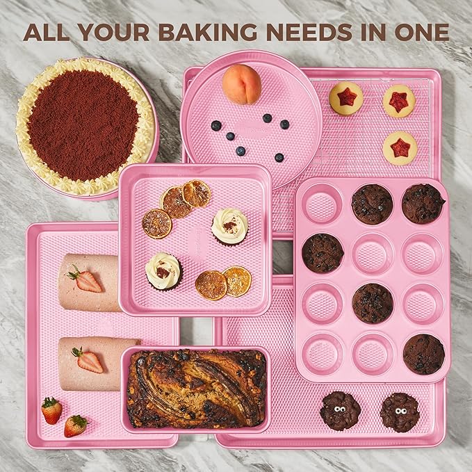 HONGBAKE 9-Piece Baking Pans Set Nonstick, Stackable Non Toxic Bakeware Sets with Diamond Texture, Oven Pan Set for Cooking, Includes Cookie Sheet with Rack, Cake Pan, Roasting Pan, Muffin Tin, Pink