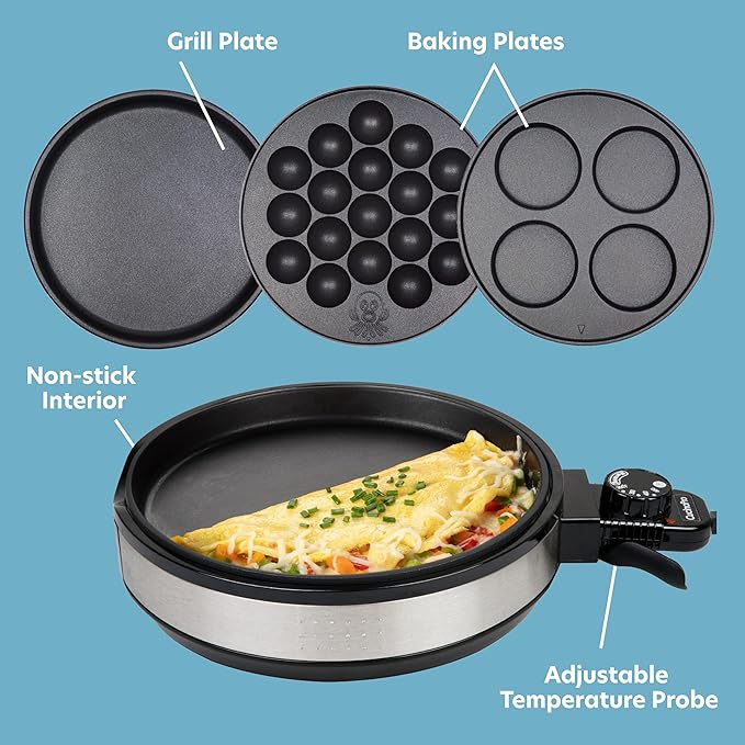 Multi Baker Deluxe- Baking Made Easy- Electric Appliance w Temp Control 3 Interchangeable Skillets for Grilling, Baking, Dessert Making- Grilled Cheese Omelets Pizza Sandwiches Cake Pops, Gift for Mom